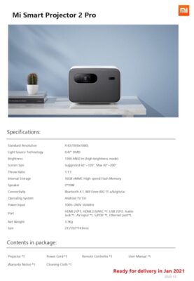 Mi Smart Projector 2 Pro specifikationer