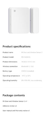 Xiaomi Mi Dør og Vindue Sensor 2 specifikationer
