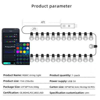 Lyskæde 15 m. - 25 Pærer (App Styret Bluetooth) specifikationer